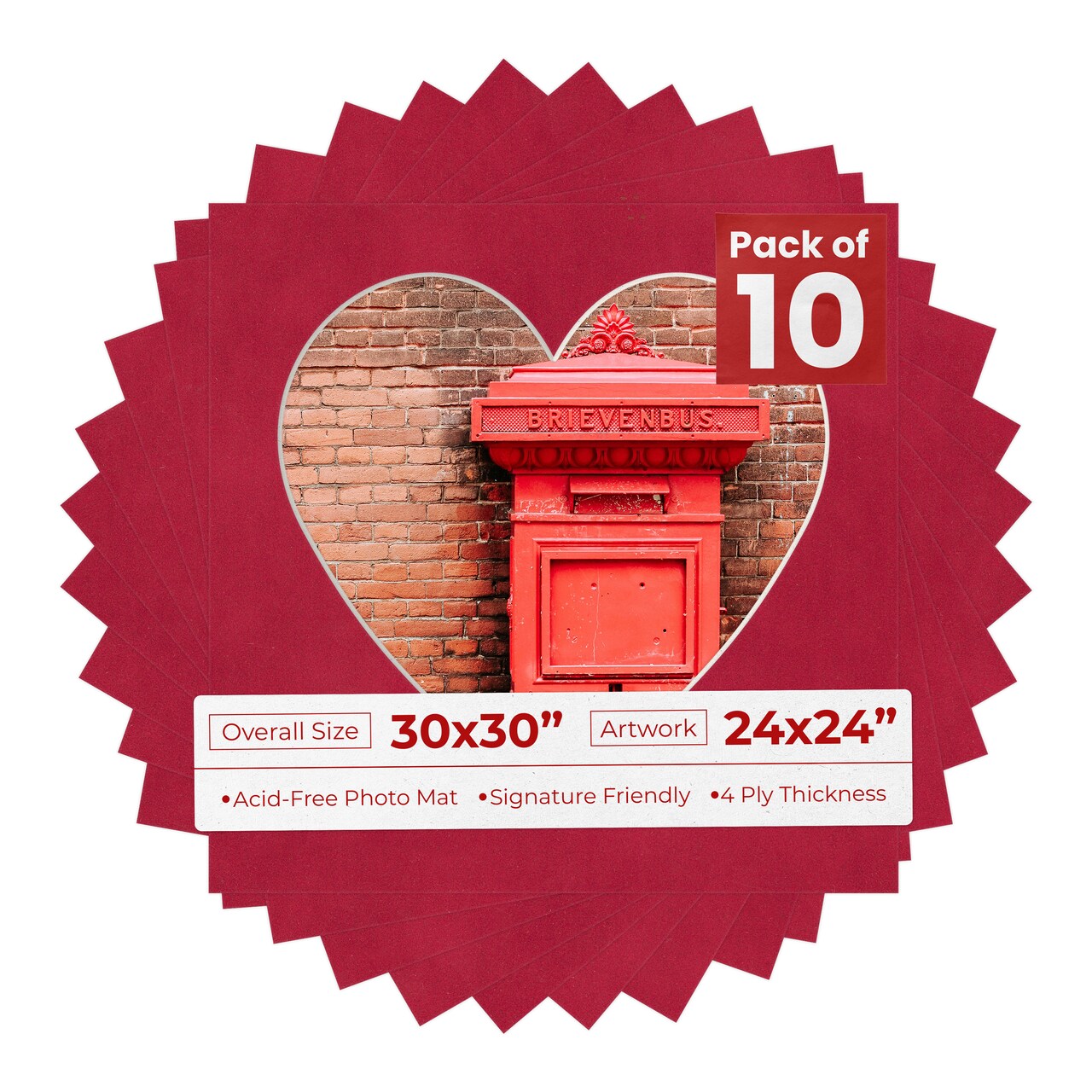 Red Suede Mat Board for 30x30 Frames - Heart Opening for 24x24 Photos